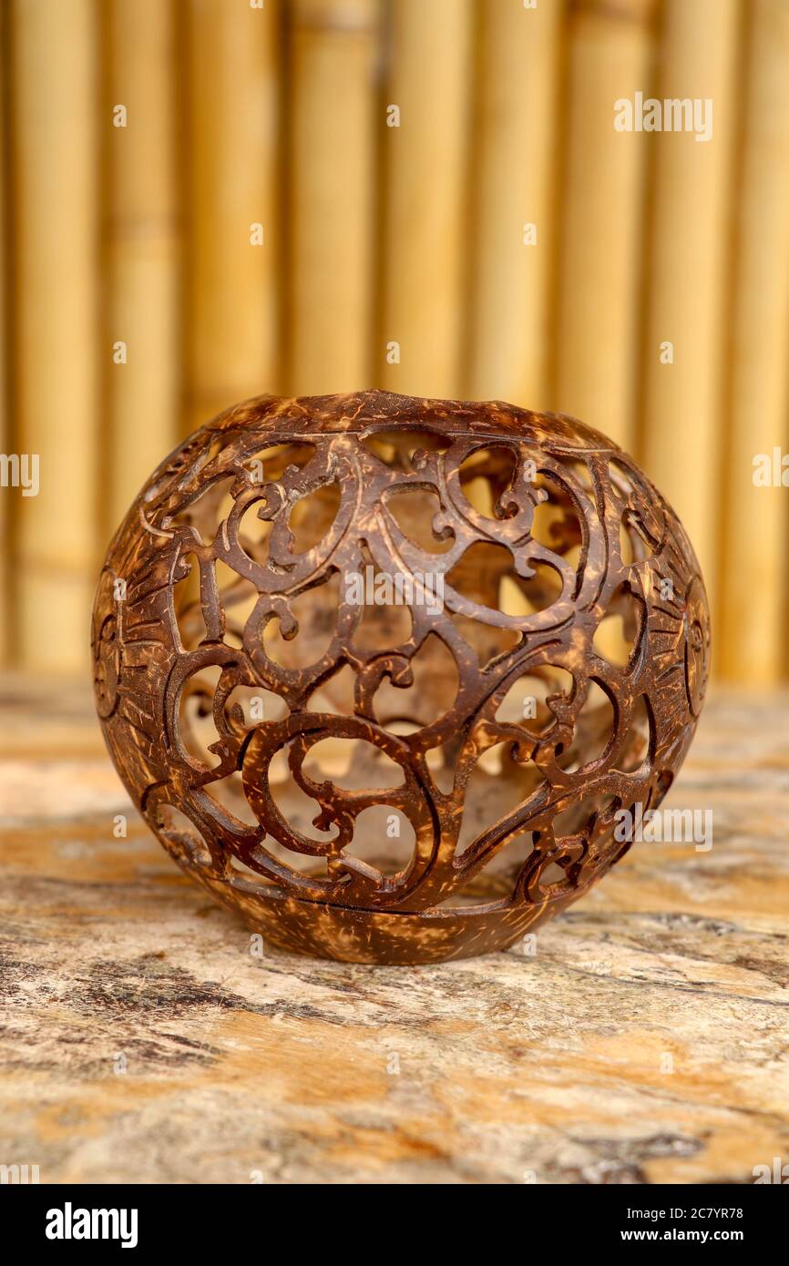 Coconut shell carving. Handicraft of indigenous people in Bali