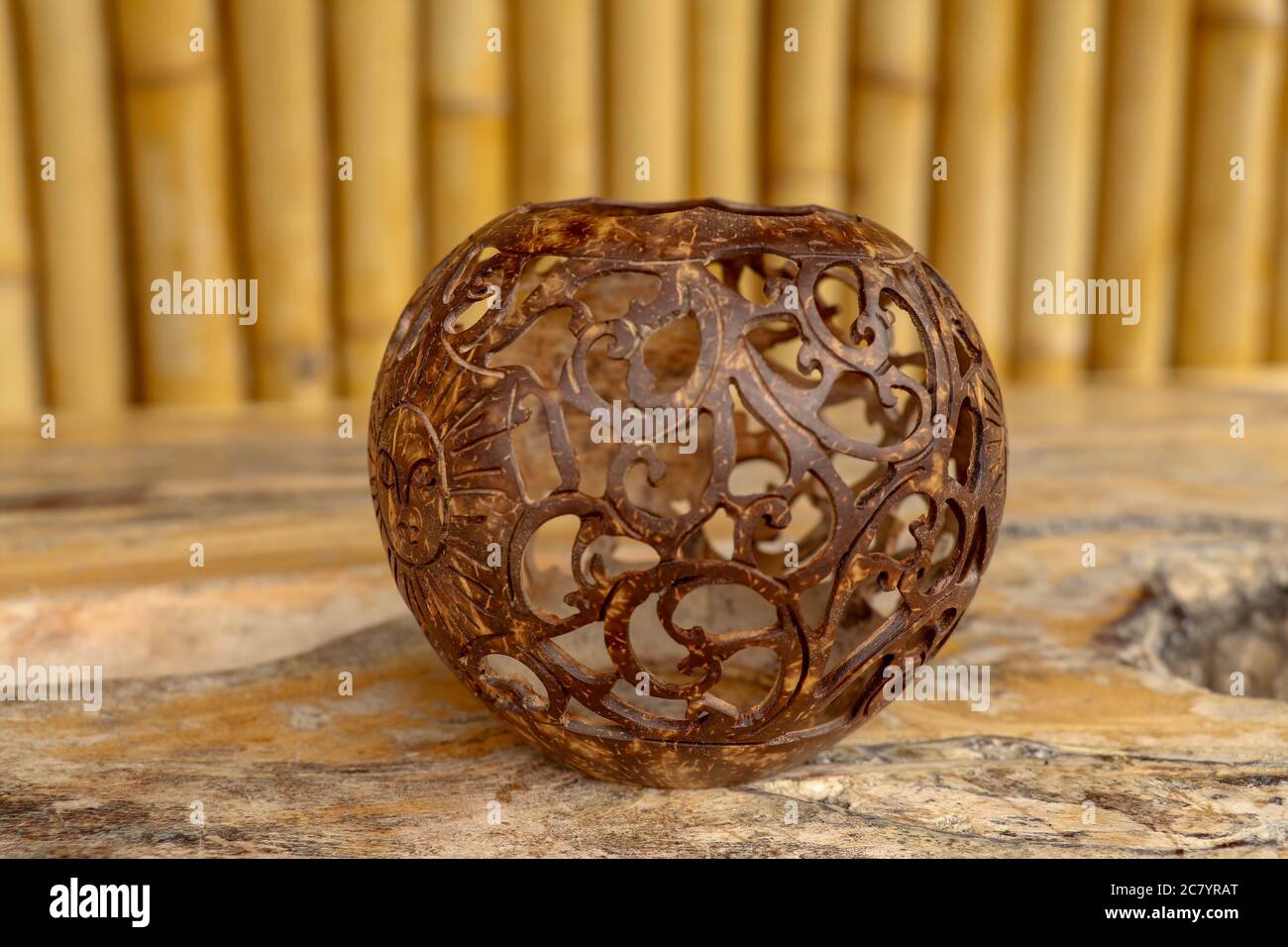 Coconut shell carving. Handicraft of indigenous people in Bali