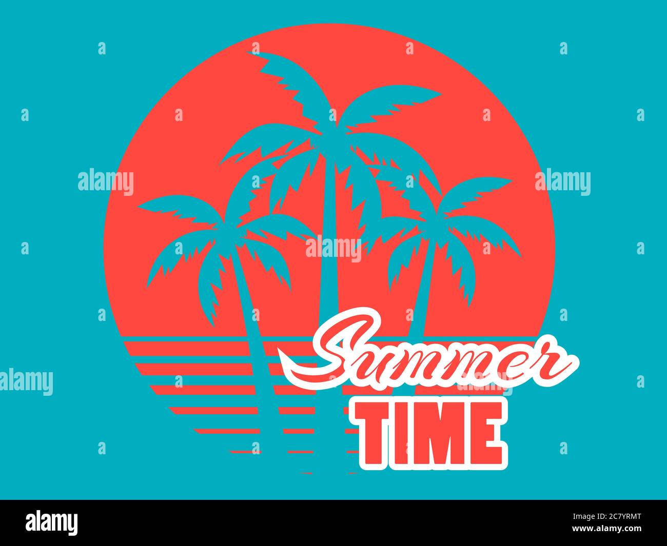 Summer Time 80s Retro Palm Trees On A Sunset Tropical Landscape Tiffany Blue And Coral Red