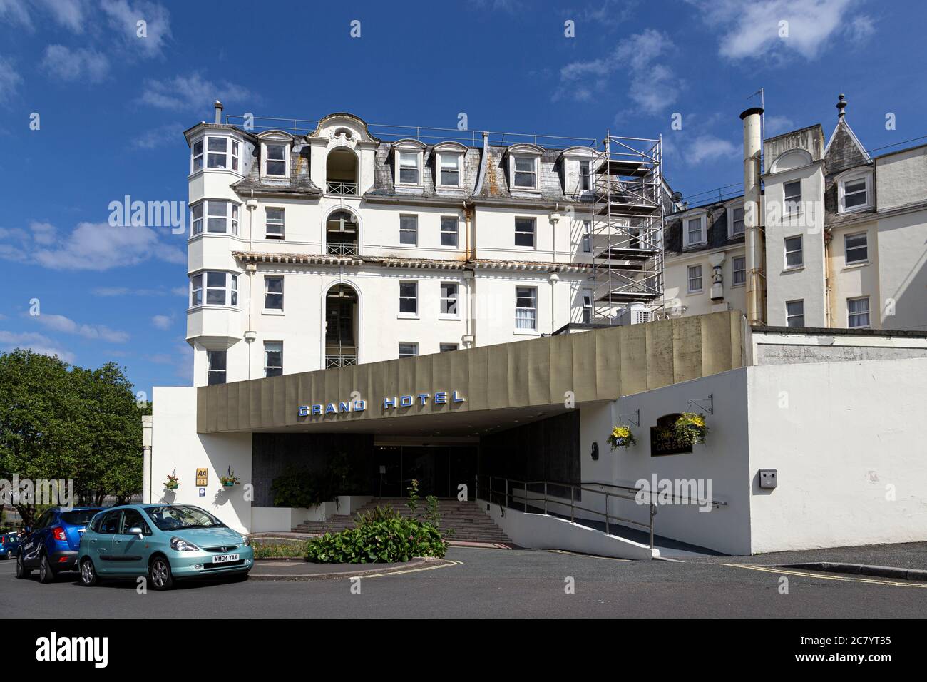 Torquay - England, Grand Hotel Torquay,Beach Hut, Hotel, Devon, 2015, Beach, Blue, Building Exterior, Built Structure, Coastline Stock Photo