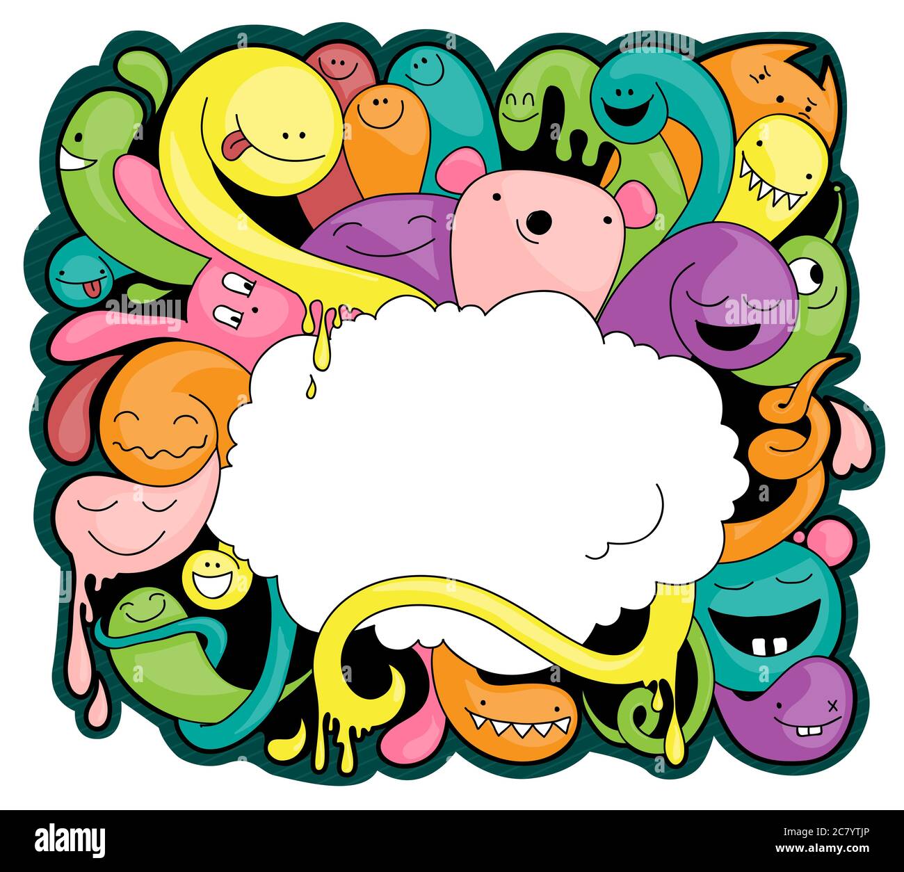 Funny doodle of imaginary creatures. You can place your text in the cloud. Stock Photo