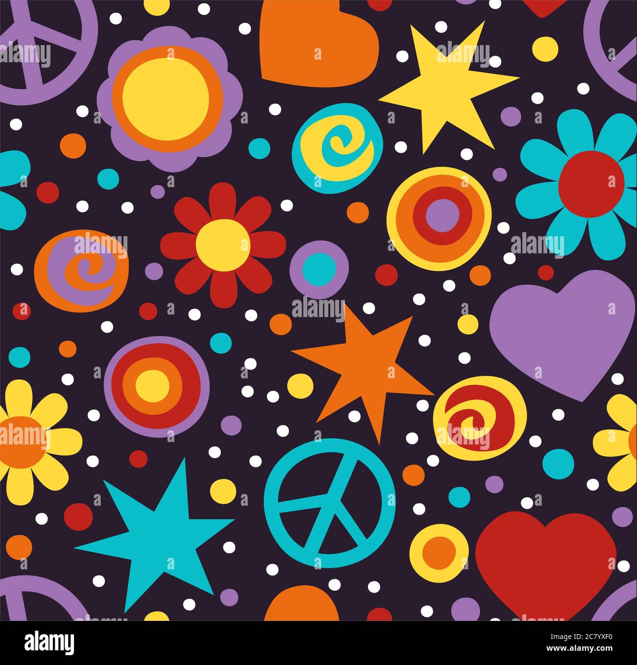 Colorful hippie seamless pattern with peace signs, hearts and flowers Stock Photo