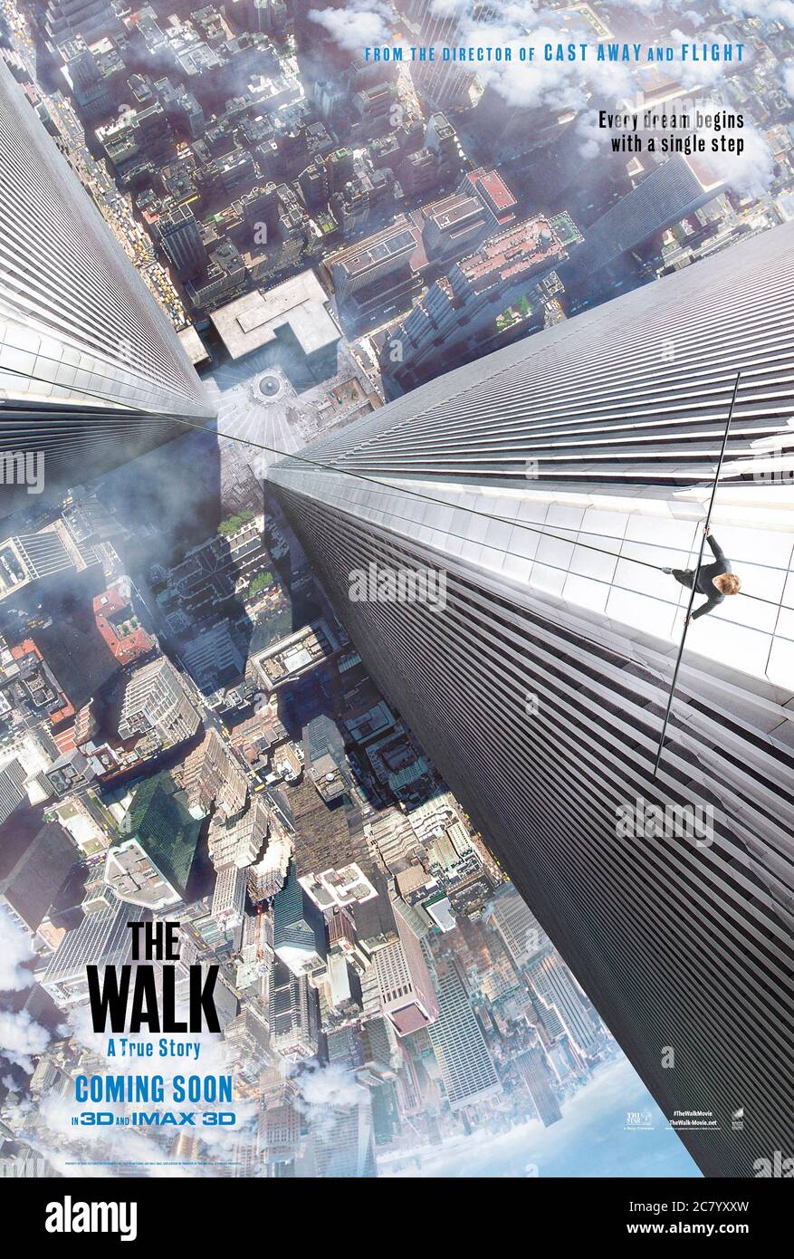 The Walk (2015) directed by Robert Zemeckis and starring Joseph Gordon-Levitt, Charlotte Le Bon and Guillaume Baillargeon. Documentary about Philippe Petit 1974 tightrope walk between the twin towers of the World Trade Center in New York City. Stock Photo