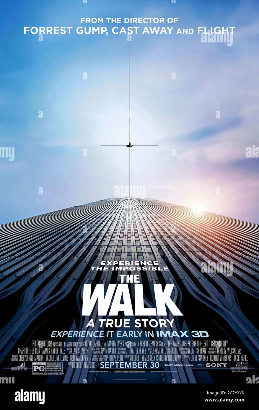 The Walk (2015) directed by Robert Zemeckis and starring Joseph Gordon-Levitt, Charlotte Le Bon and Guillaume Baillargeon. Documentary about Philippe Petit 1974 tightrope walk between the twin towers of the World Trade Center in New York City. Stock Photo