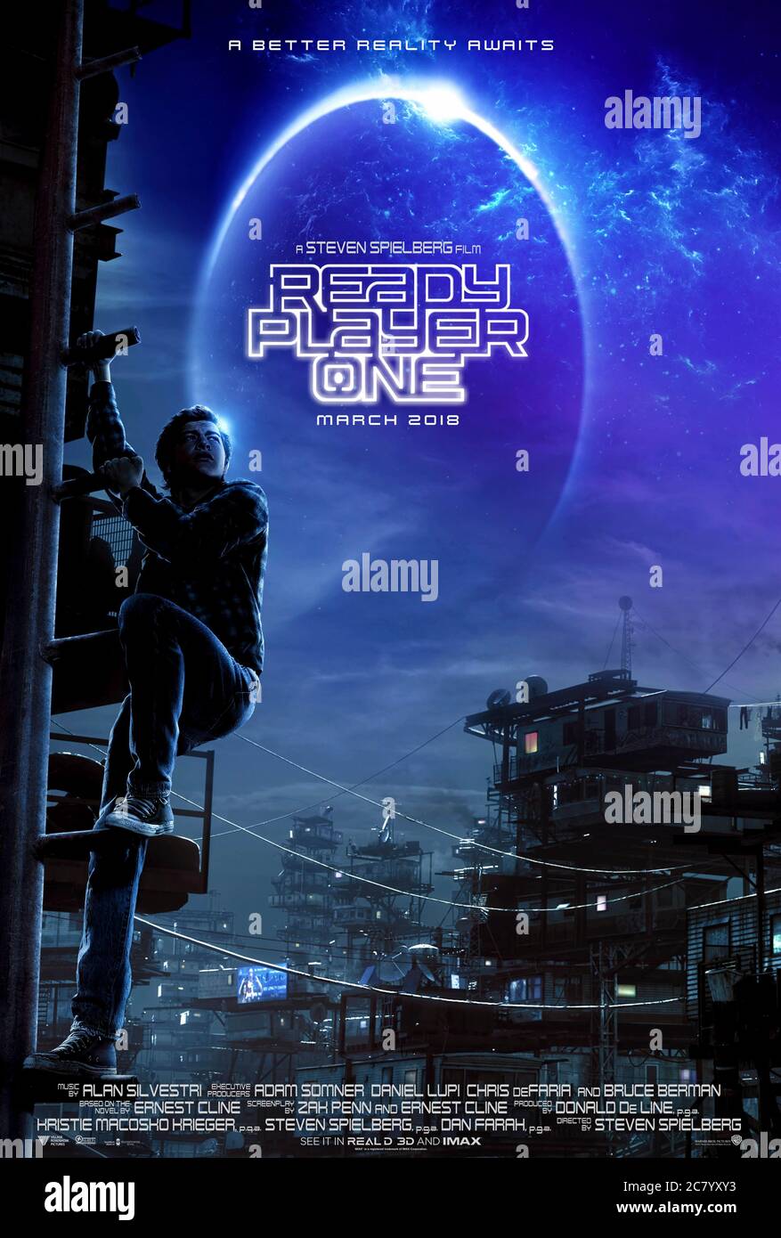 Ready Player One (2018) directed by Steven Spielberg and starring Tye Sheridan, Olivia Cooke and Ben Mendelsohn. In 2045 humans visit the OASIS, a virtual reality where anything is possible. Stock Photo