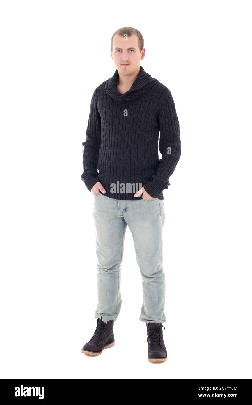 young attractive man in winter clothes isolated on white background ...