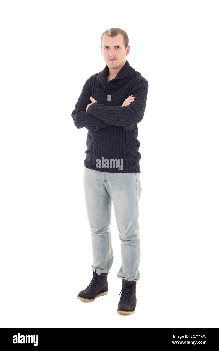 young attractive man in winter clothes posing isolated on white ...