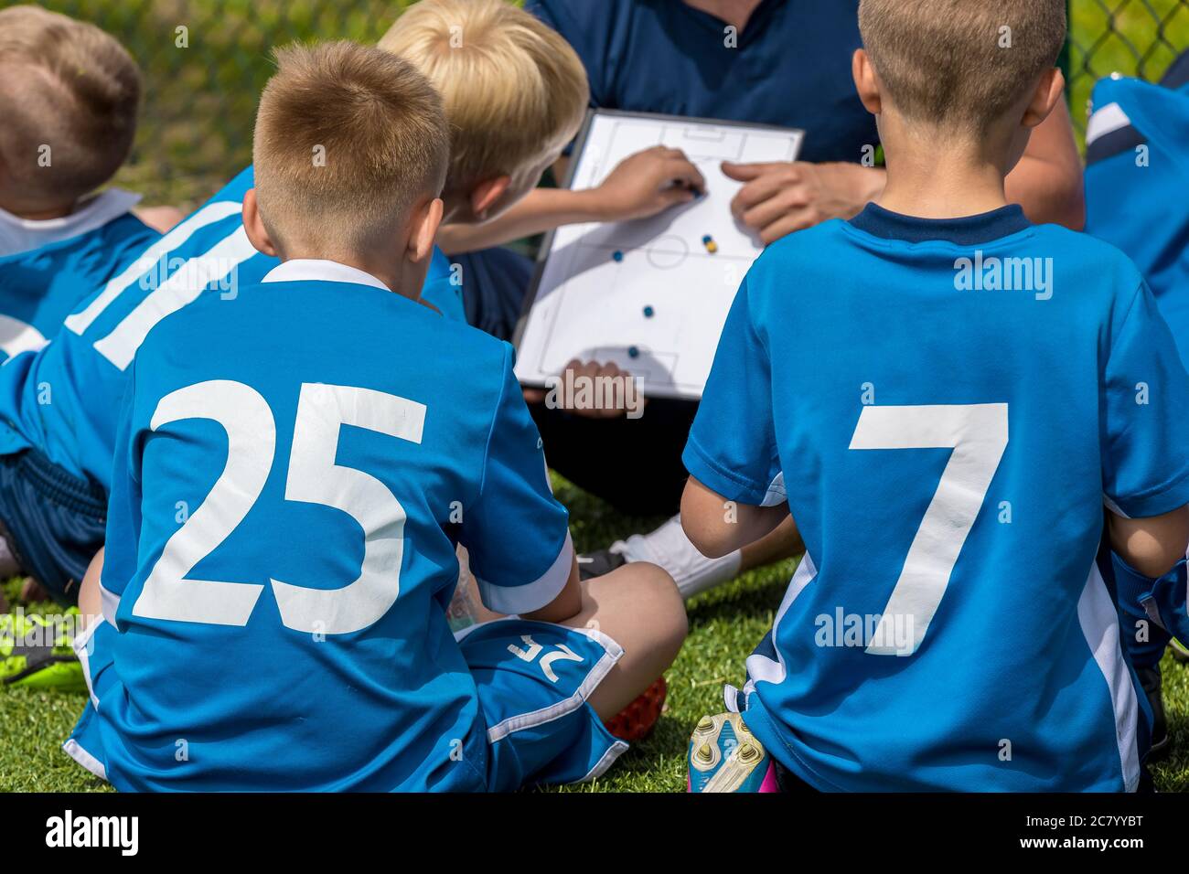 Group of Young Boys in Blue Shirts Sitting on Sports Grass Field witch