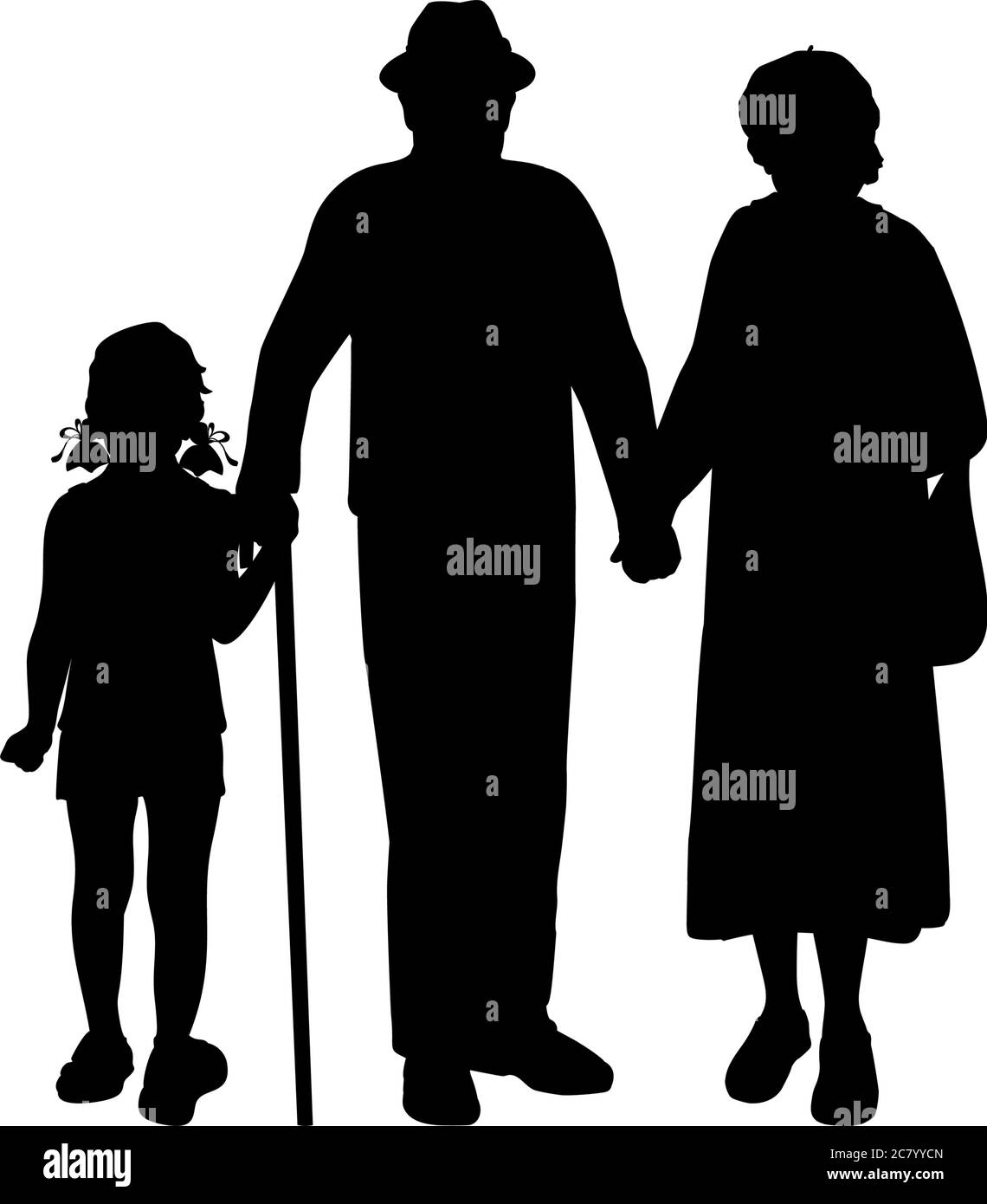 Silhouette of girl walking with grandparents Stock Vector