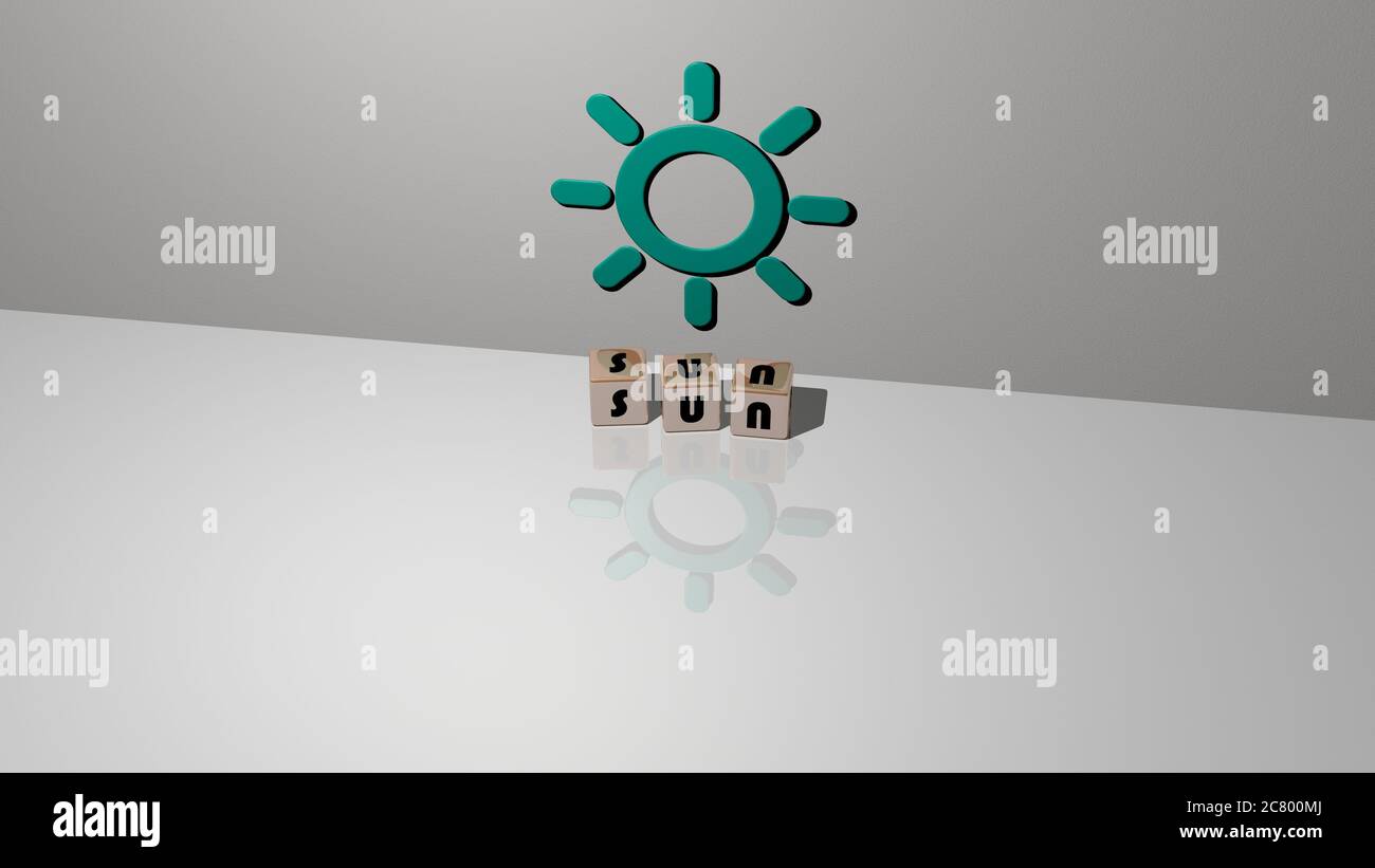 3D illustration of SUN graphics and text made by metallic dice letters ...