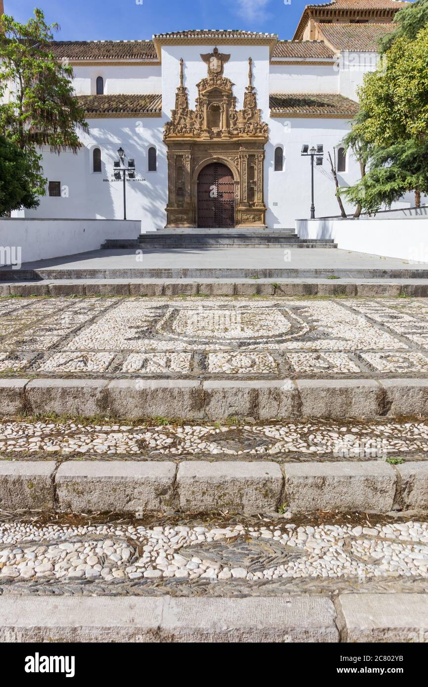 Mosaic steps of the historic Santiago church in Guadix, Spain Stock Photo