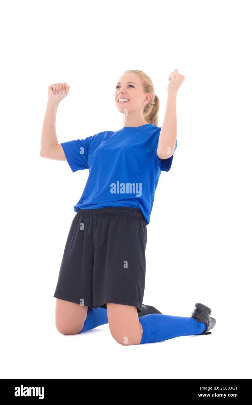 happy female soccer player in blue uniform celebrating goal isolated on white background Stock Photo