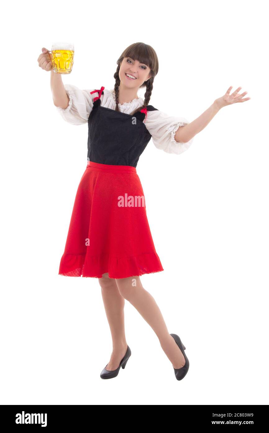 Bavarian girl with cup of beer over white Stock Photo