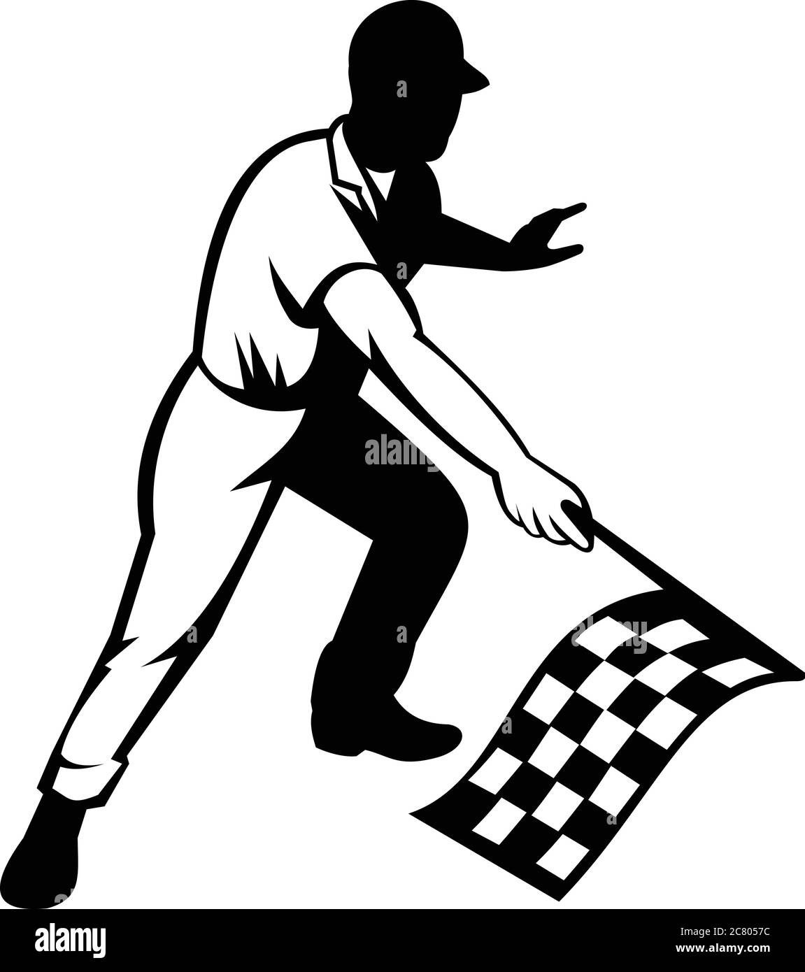 Retro woodcut black and white style illustration of a flagman or race official waving a checkered or chequered flag at start finish line indicating ra Stock Vector