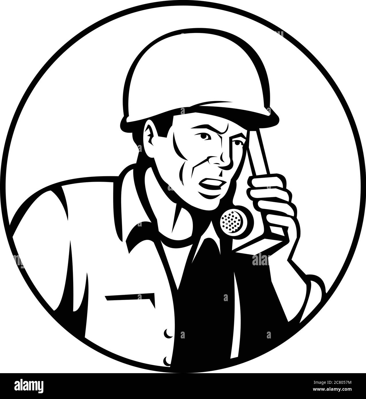 Black and white illustration of a World War two American soldier serviceman talking and calling walkie-talkie radio communication set inside circle on Stock Vector