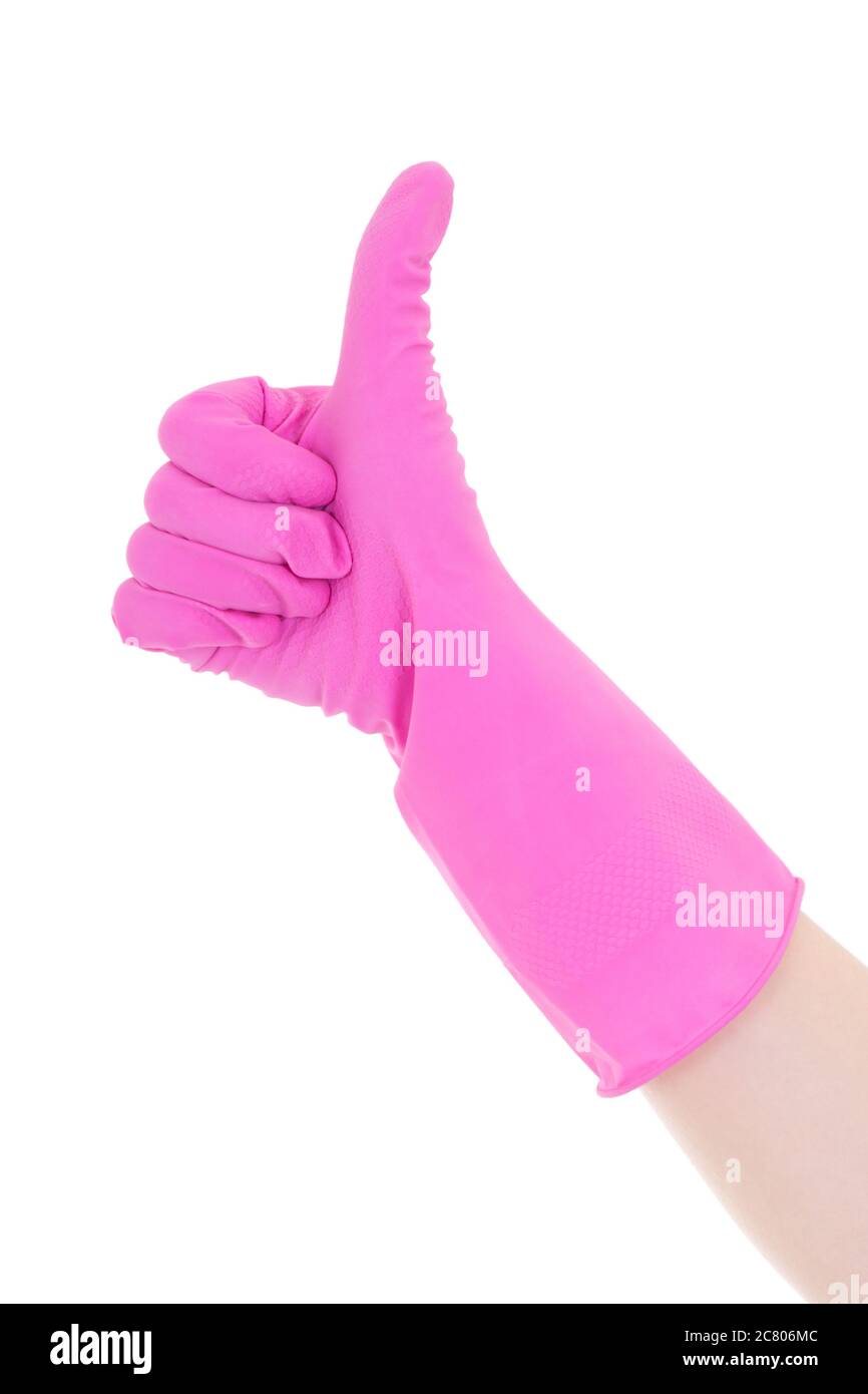 female hand in pink rubber glove thumbs up isolated on white background ...