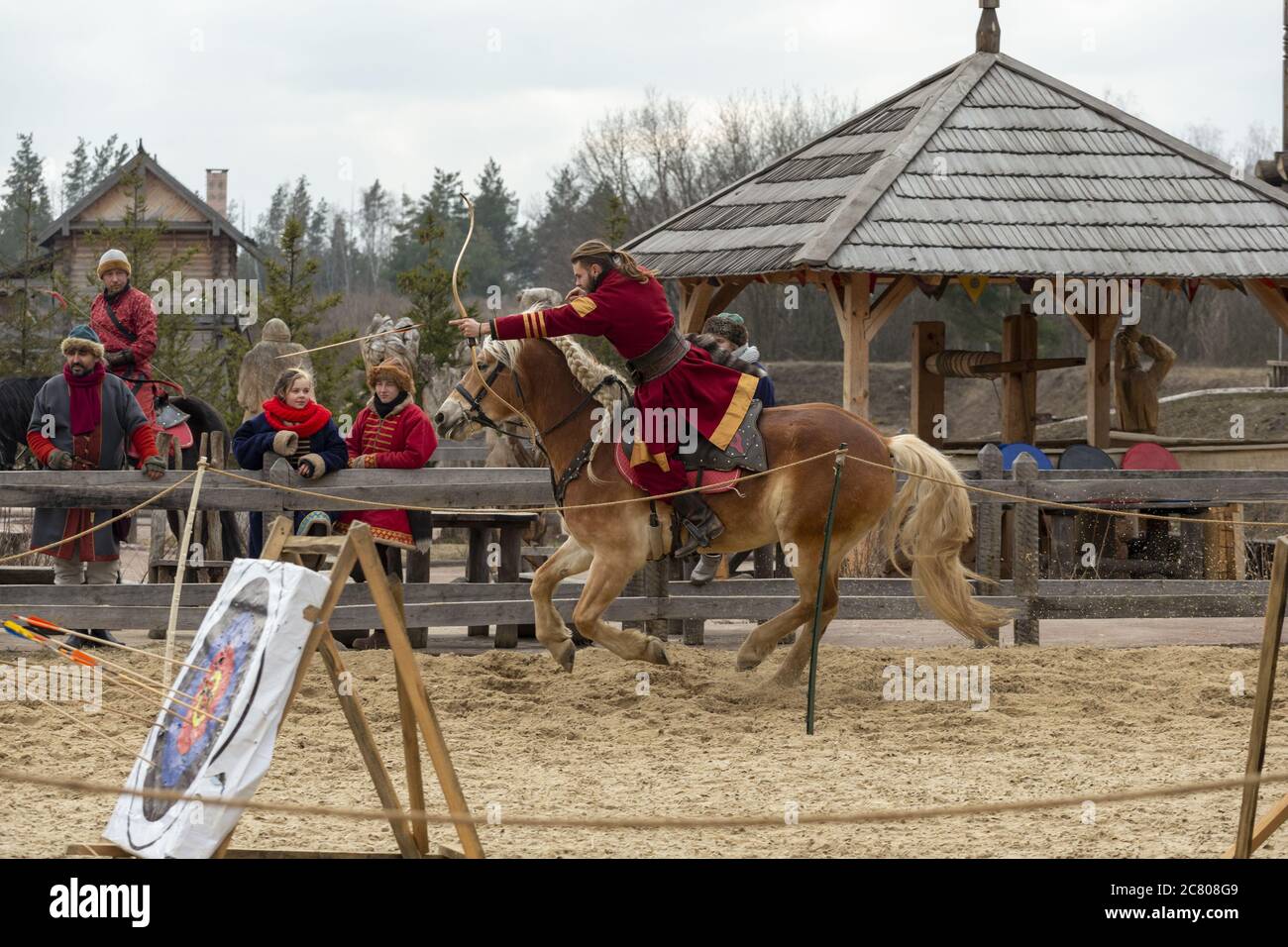 Medieval Post Rider Horse Medieval Show Kiev Park Traditions ancient costume Ukraine Middle ...