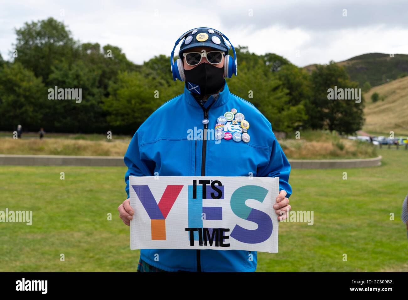 Edinburgh, Scotland, UK. 20 July, 2020. Pro Scottish independence demonstration organised by the All Under One Banner  (AUOB) group outside the Scottish Parliament at Holyrood in Edinburgh today.  Iain Masterton/Alamy Live News Stock Photo