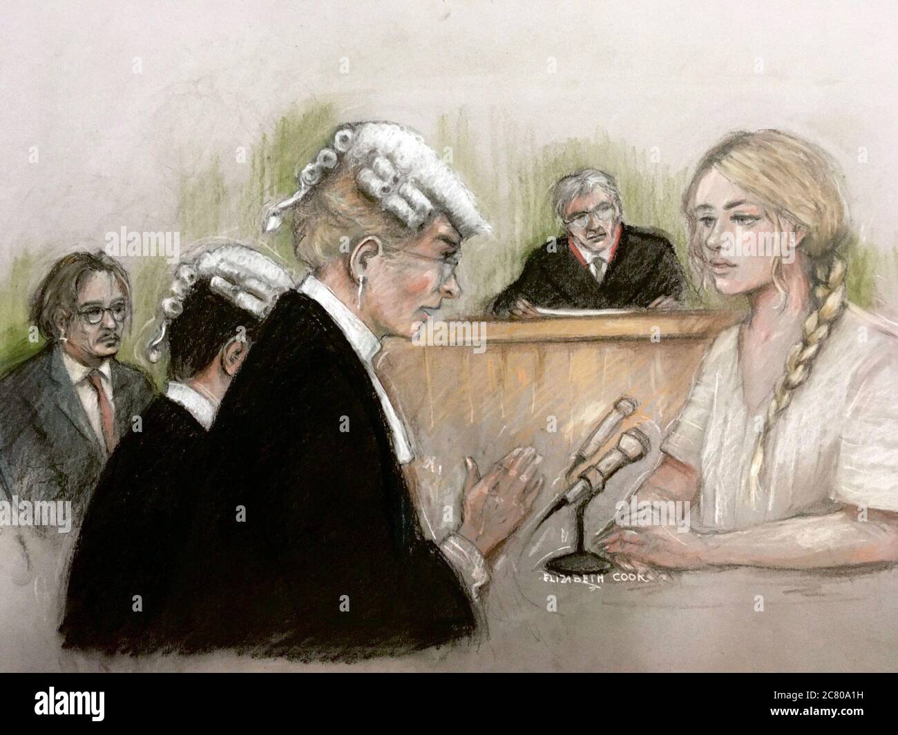 Court artist sketch by Elizabeth Cook of actress Amber Heard ...