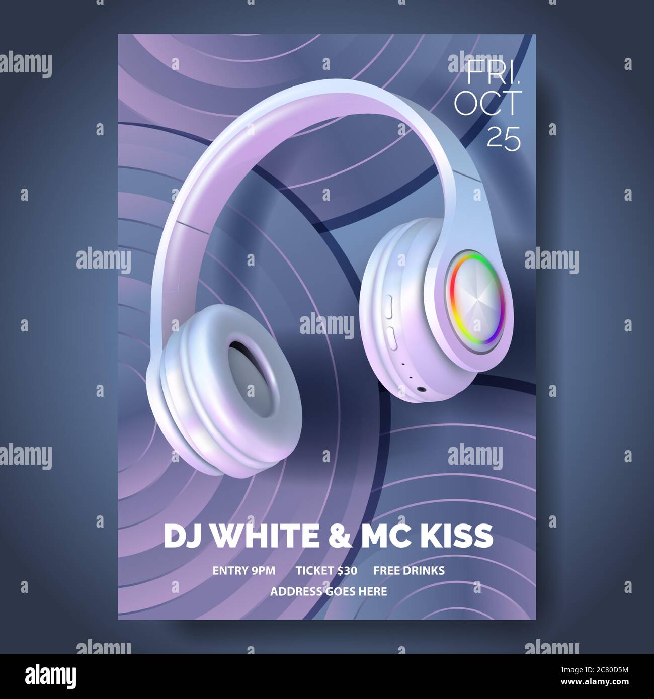 Club poster with headphones, dance party, fluid design flyer, invitation, banner template, dj music event, colorful White and pearl headphones, vector Stock Vector