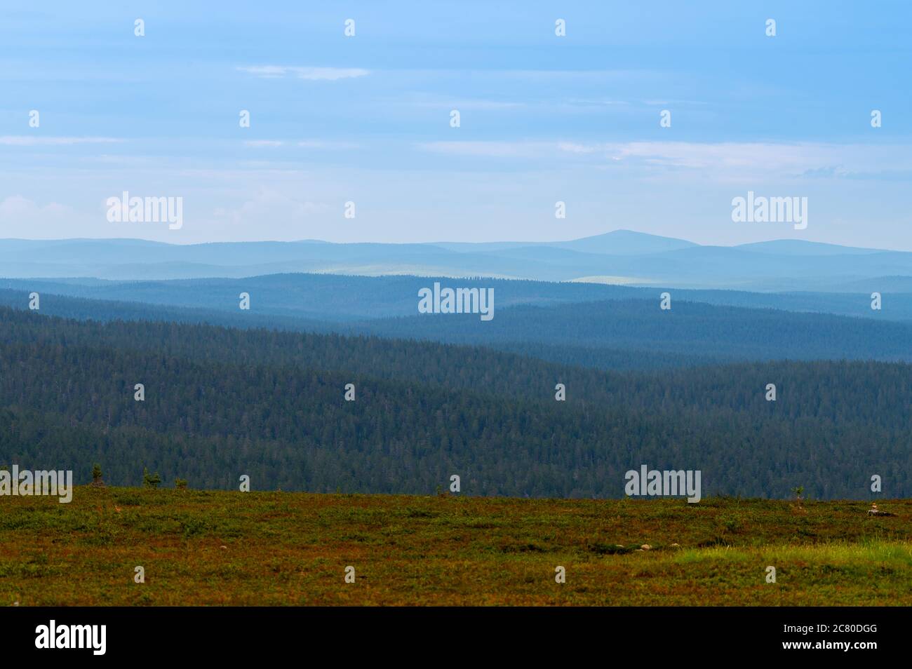 A beautiful natural view of the wilderness at the peak of Kaunispää fell in Saariselkä, Lapland. Stock Photo