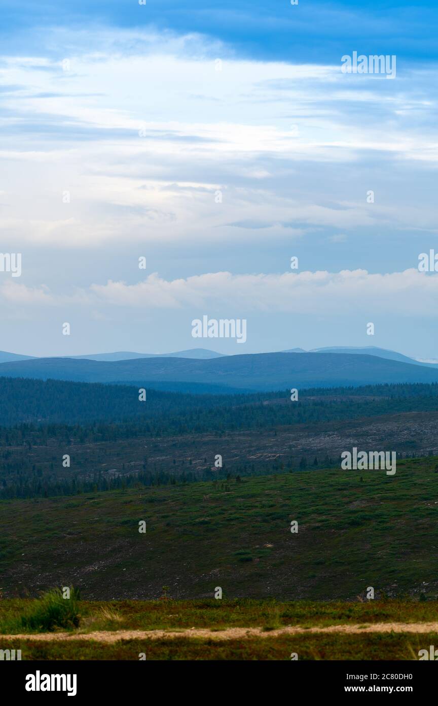 A beautiful natural view of the wilderness at the peak of Kaunispää fell in Saariselkä, Lapland. Stock Photo