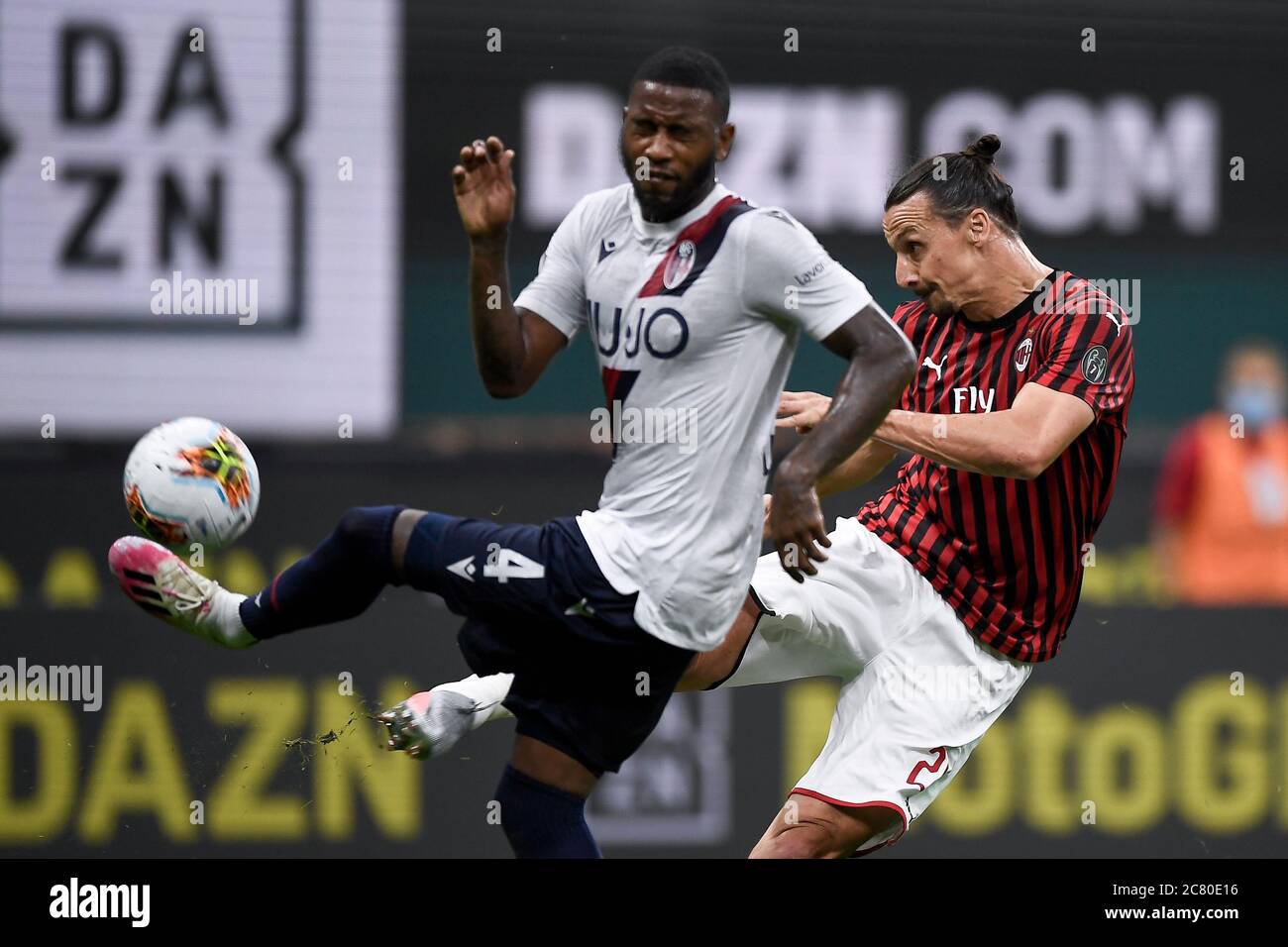 Milan, Italy - 18 July, 2020: Zlatan Ibrahimovic (R) of AC Milan and Stefano Denswil of Bologna FC in action during the Serie A football match between AC Milan and Bologna FC. AC Milan won 5-1 over Bologna FC. Credit: Nicolò Campo/Alamy Live News Stock Photo
