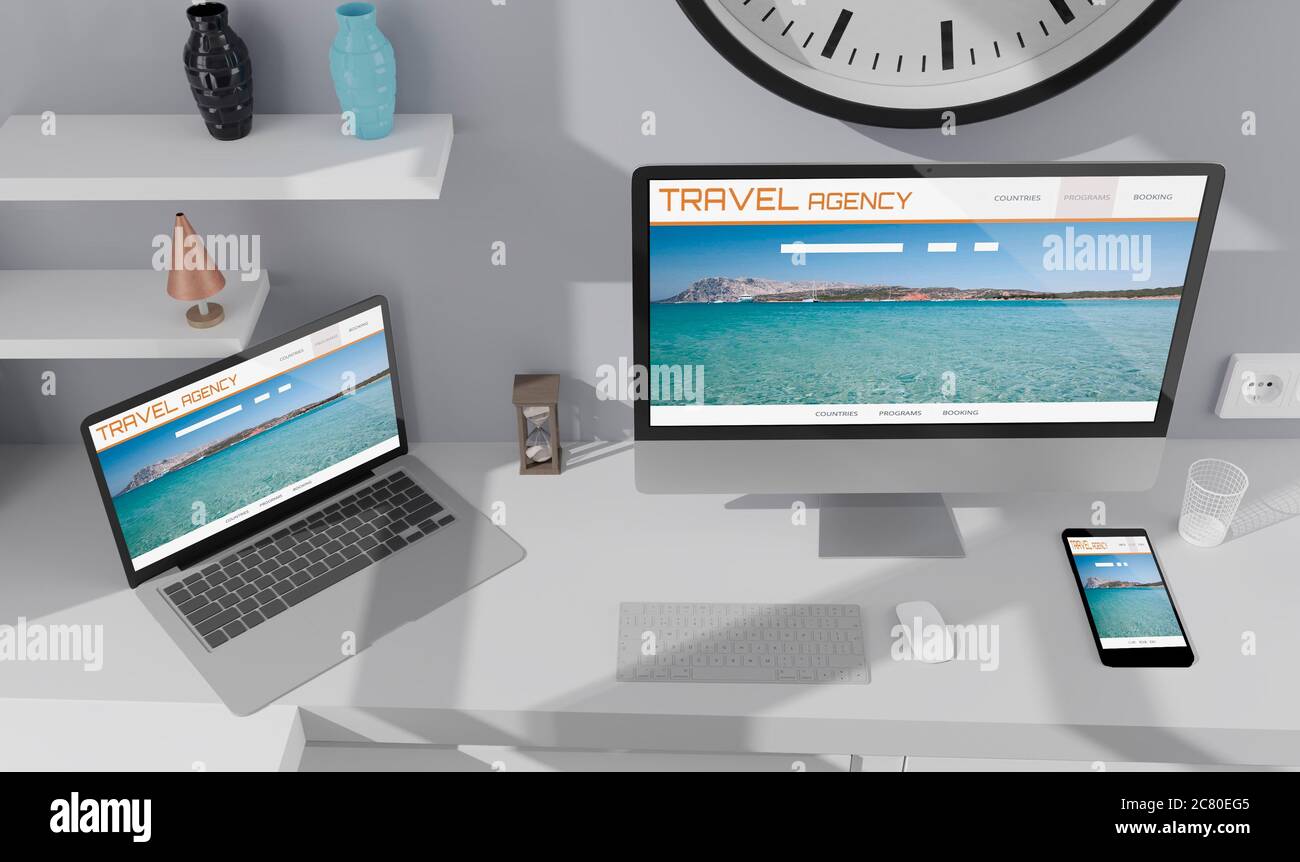 Laptop, desktop computer ,mobile and tablet 3d rendering travel agency website mockup .3d illustration Stock Photo