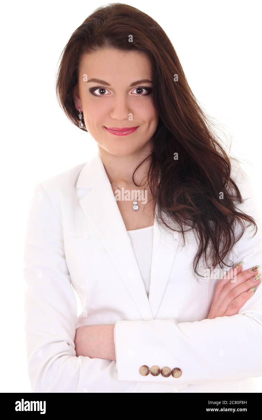 Brunette businesswoman in white suit smiling Stock Photo - Alamy