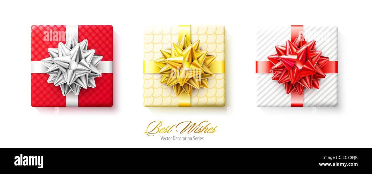 Set of gifts boxes with golden and red bows and ribbons isolated on ...