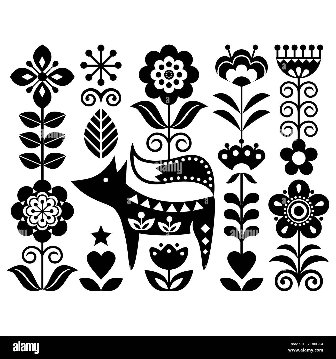 Scandinavian cute monochrome folk art vector design with flowers and fox, floral pattern perfect for greeting card or invitation inspired by tradition Stock Vector