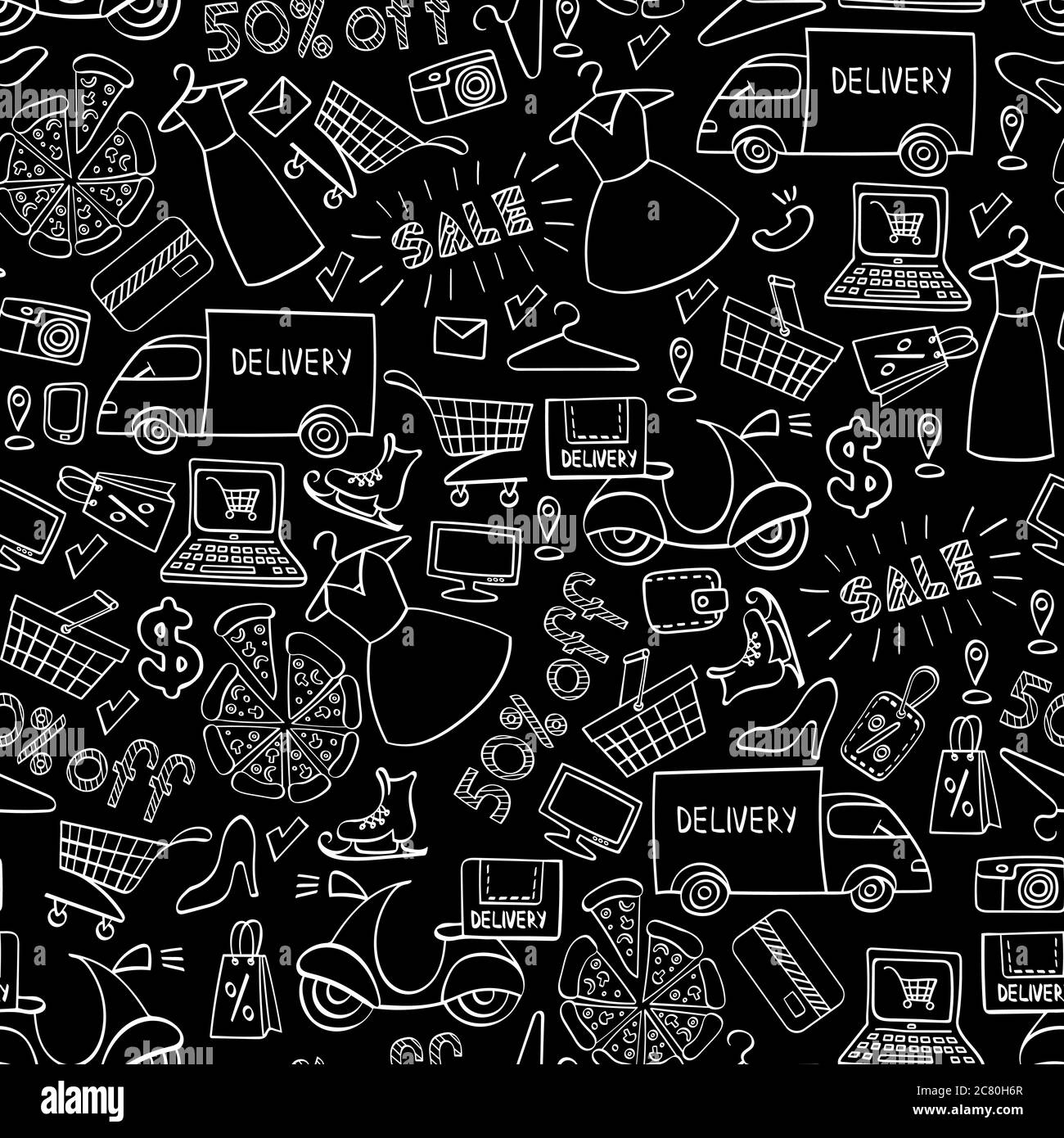 Online shopping seamless pattern. White hand drawn e-commerce objects  isolated on black background. Vector illustration Stock Vector Image & Art  - Alamy