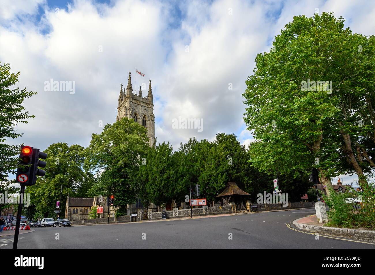 Beckenham (Greater London), Kent, UK. St George's Church in Beckenham at the junction of the High Street, Bromley Road and Church Avenue. Stock Photo