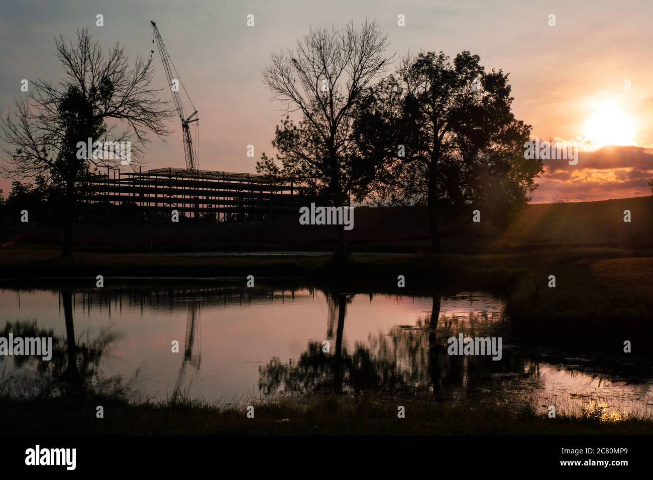 Sunrise at the building site of the Amazon Distribution Center being