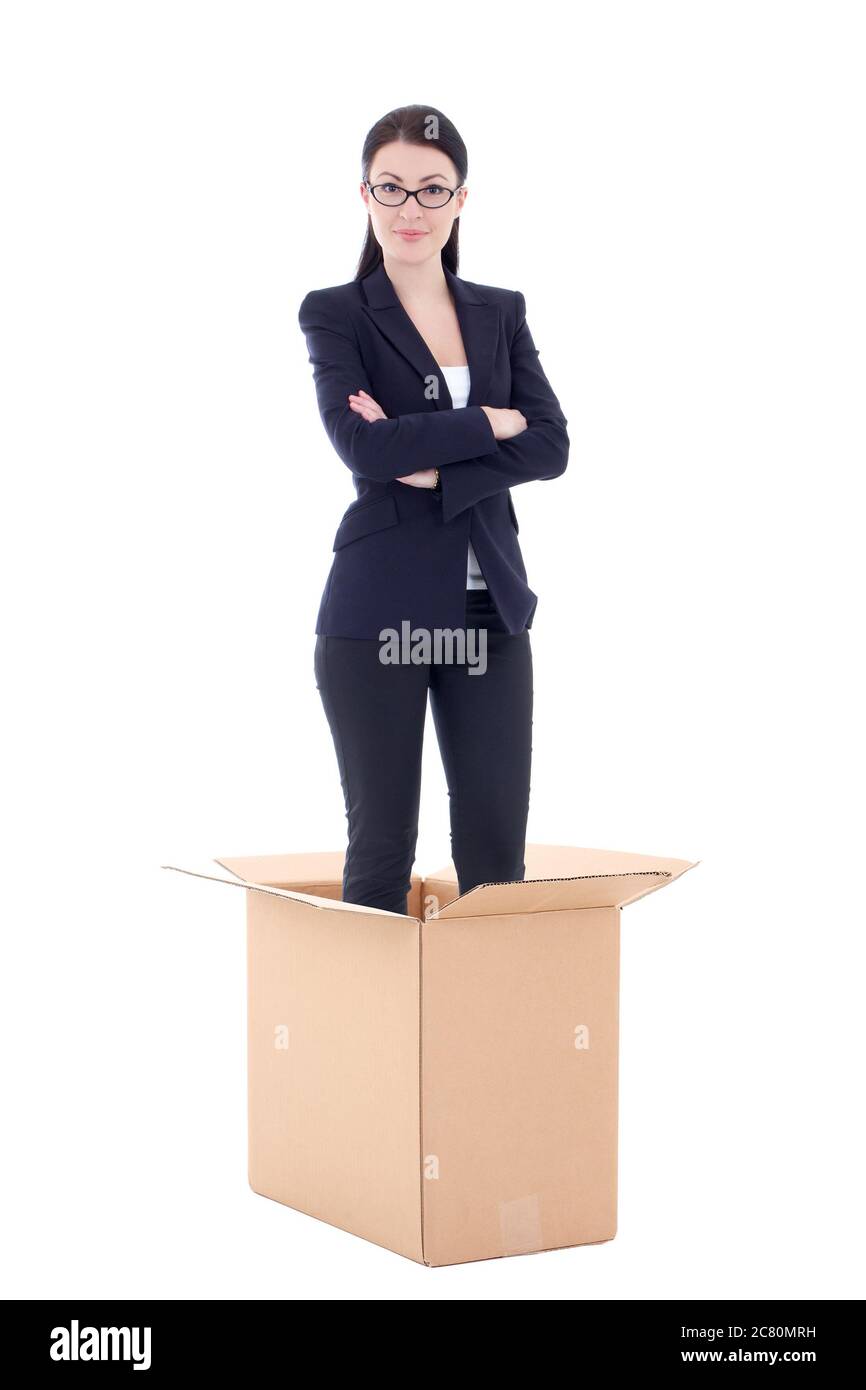 dismission concept - business woman in cardboard box isolated on white background Stock Photo