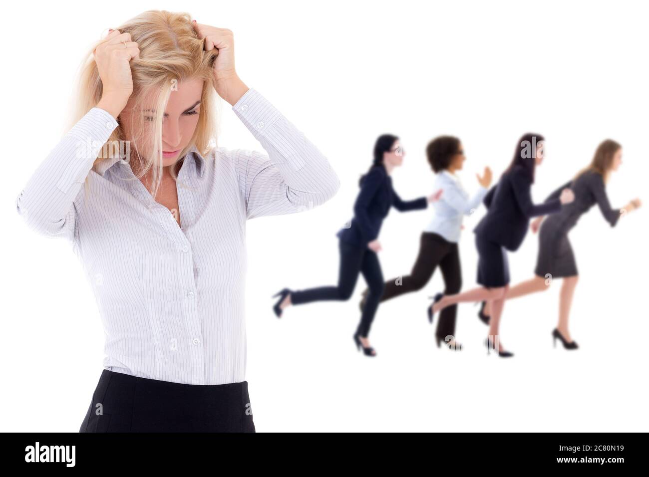 stress at work - stressed business woman and her running colleagues isolated on white background Stock Photo