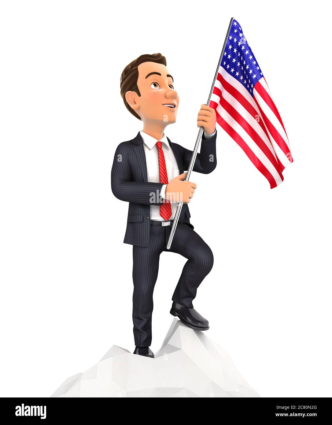 3d businessman holding flag of the united states on top of mountain ...