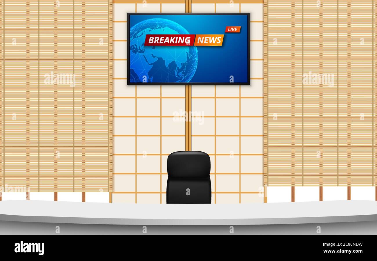 white table and breaking news on lcd background in the news studio room in japan Stock Vector