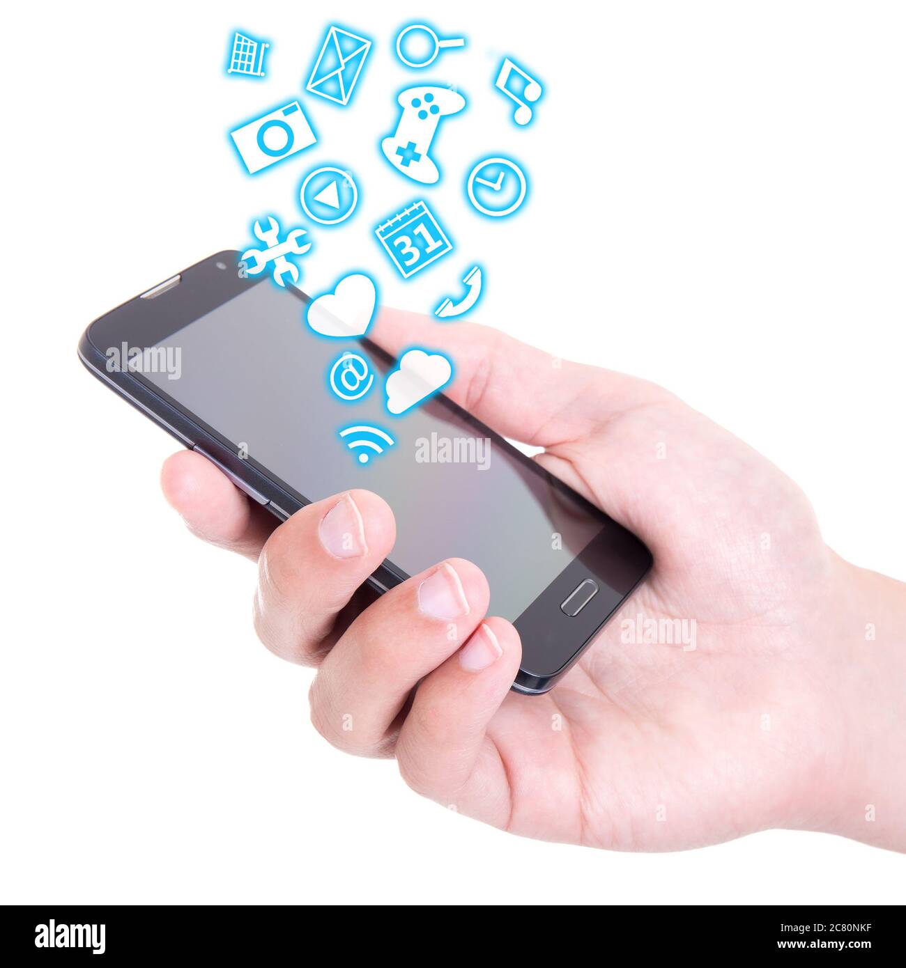 hands holding mobile smart phone with different applications and media ...