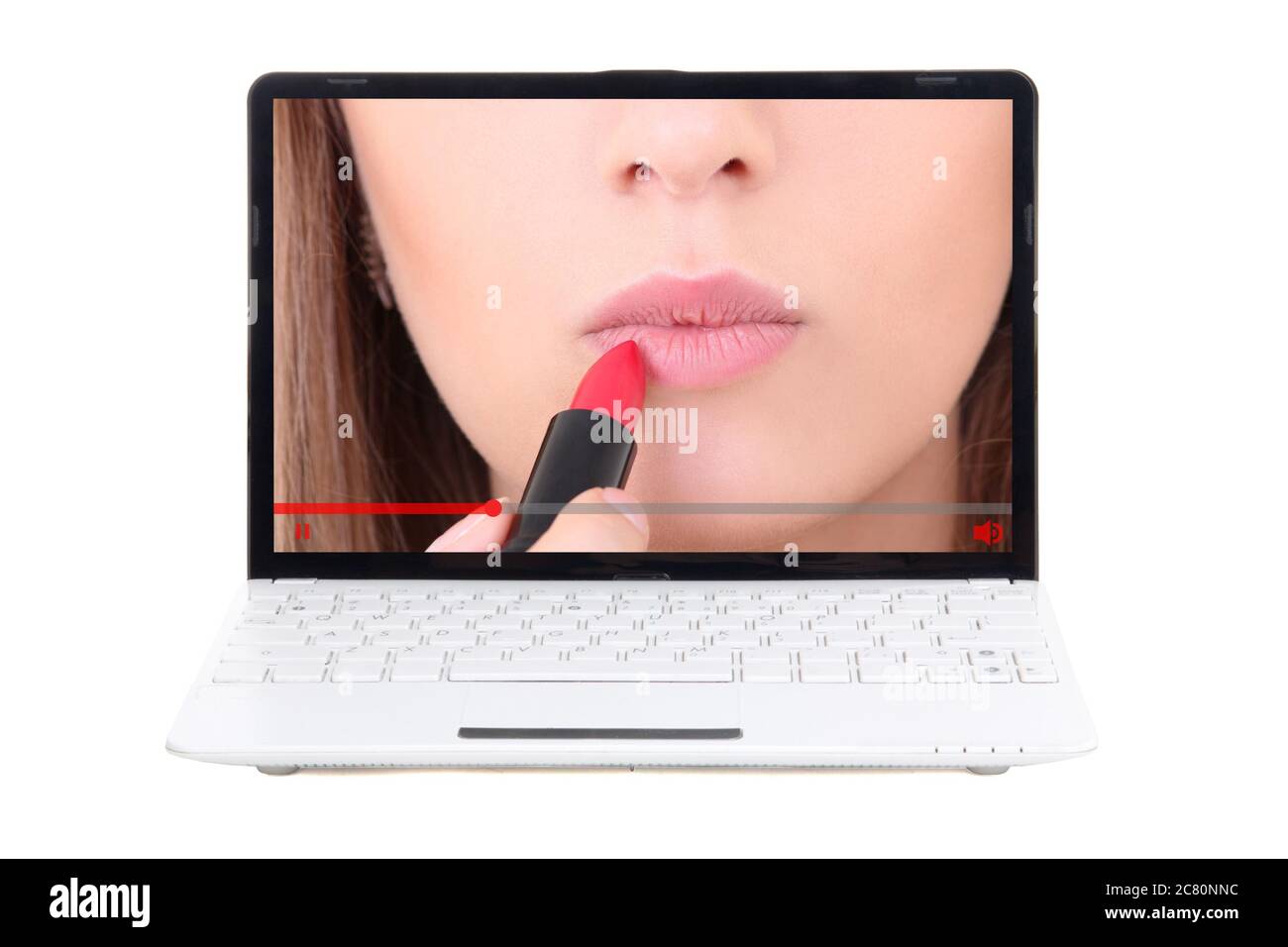 beauty blog concept - girl applying make up on laptop screen isolated ...