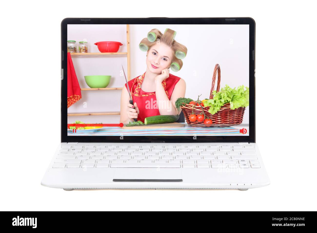 Computer Creating Food Movie food video blog concept - woman making food on laptop screen isolated ...