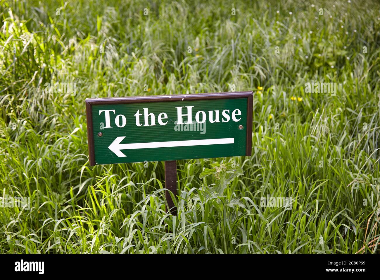 Green signboard in long grass with arrow and text in white indicating direction to the house at Scampston Hall, North Yorkshire Stock Photo
