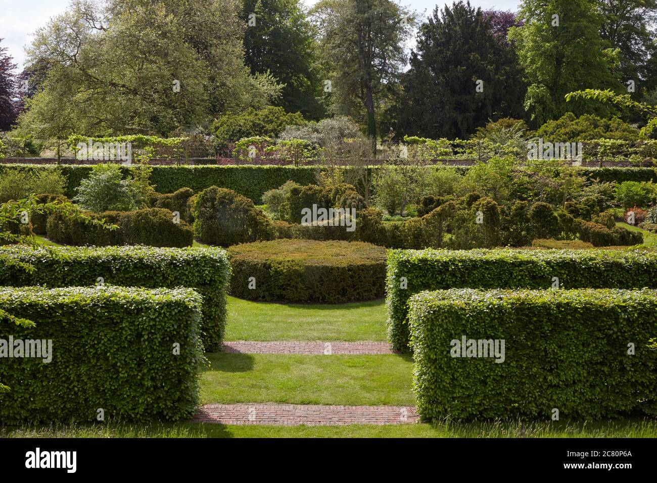 View of the Serpentine Garden at Scampston Hall walled garden designed by the dutch landscape garden architect Piet Oudolf Stock Photo