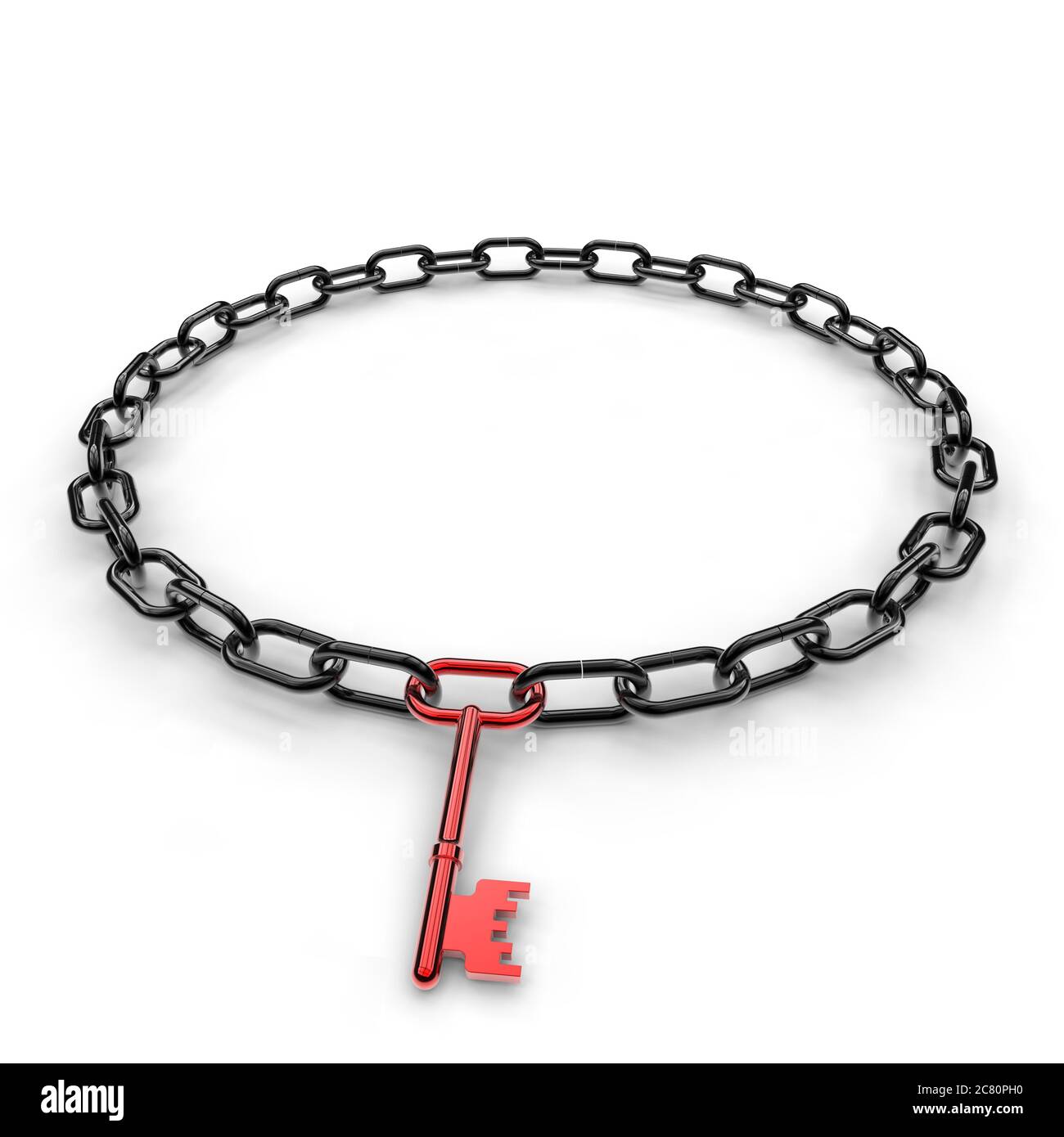 Red key link in a black circular chain on a white background Stock