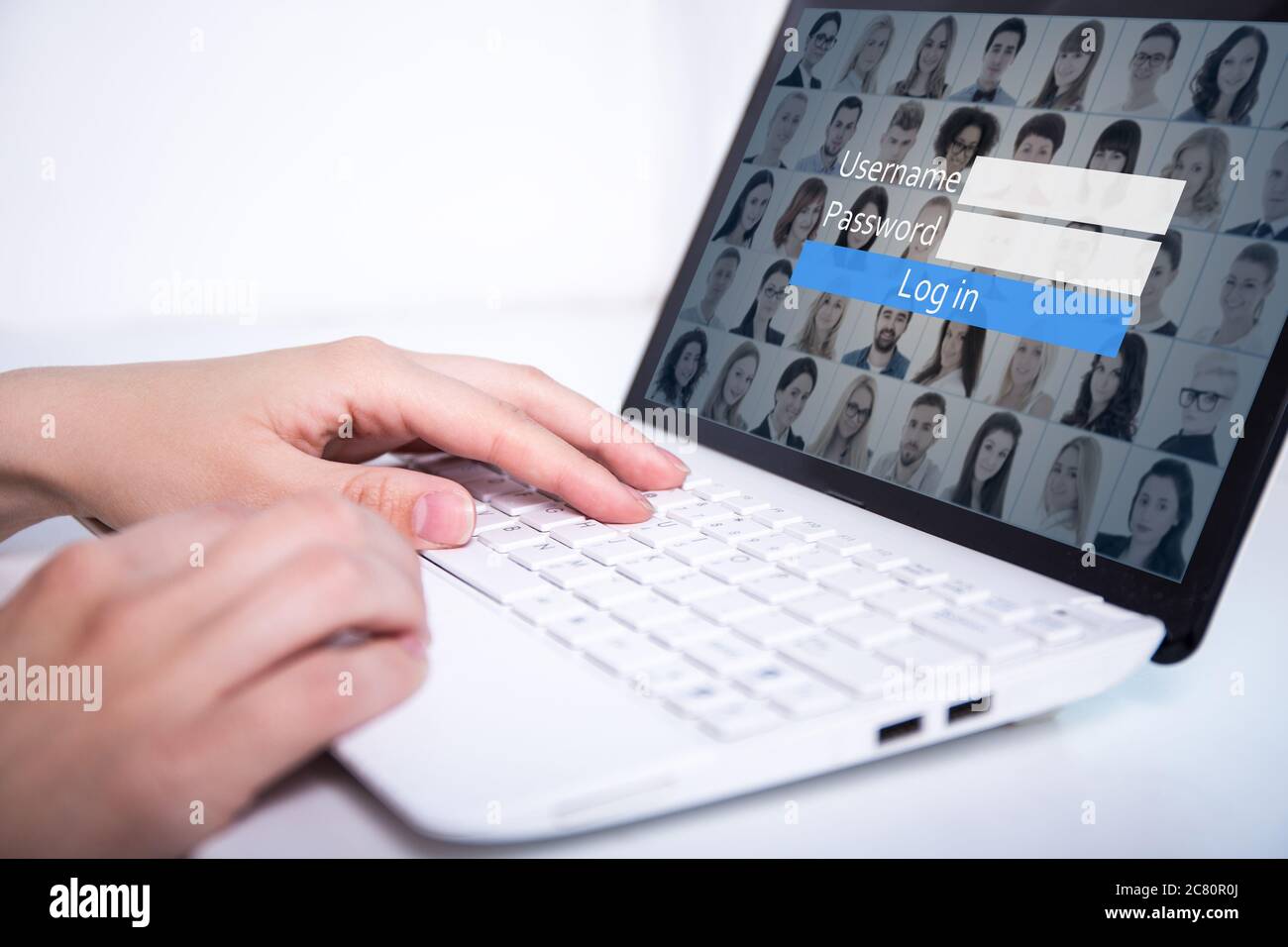 social media concept - close up of woman using laptop Stock Photo