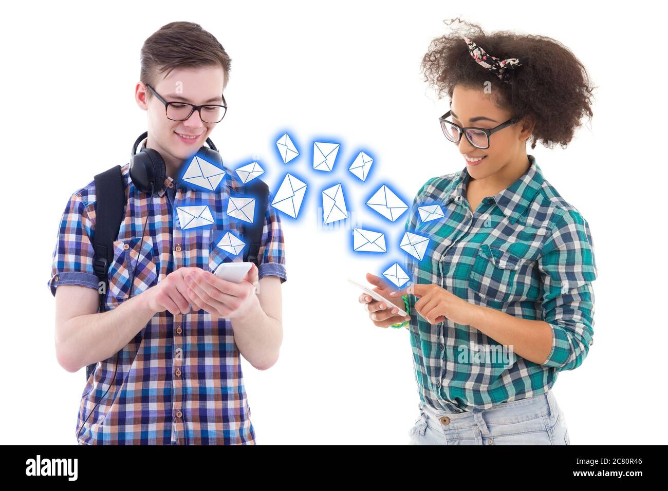 Boy Send Msg teenage boy and girl sending sms messages each other isolated on white ...
