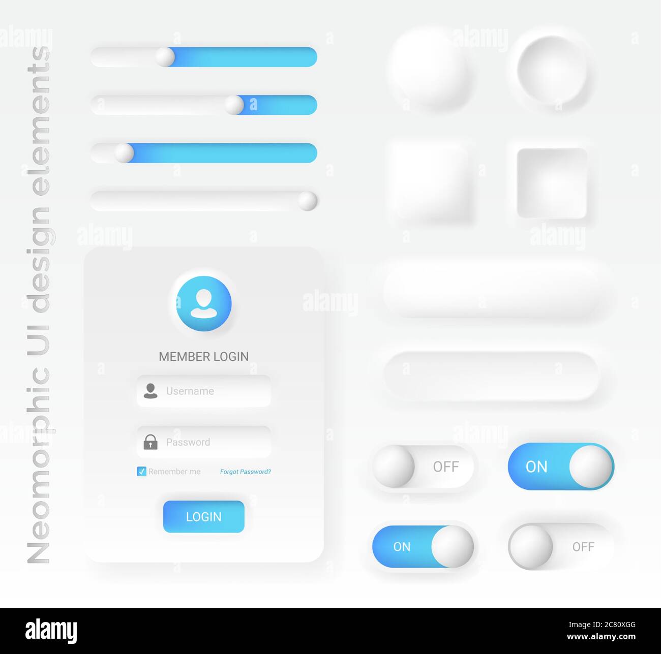 Neomorphic or Neomorphism style design elements, modern 2020 minimalistic white design UI UX kit, for web and mobile applications, vector illustration Stock Vector