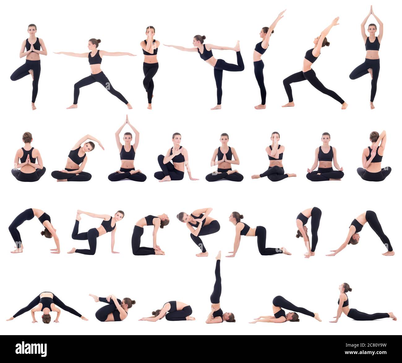 sport concept beautiful slim woman in different yoga poses isolated