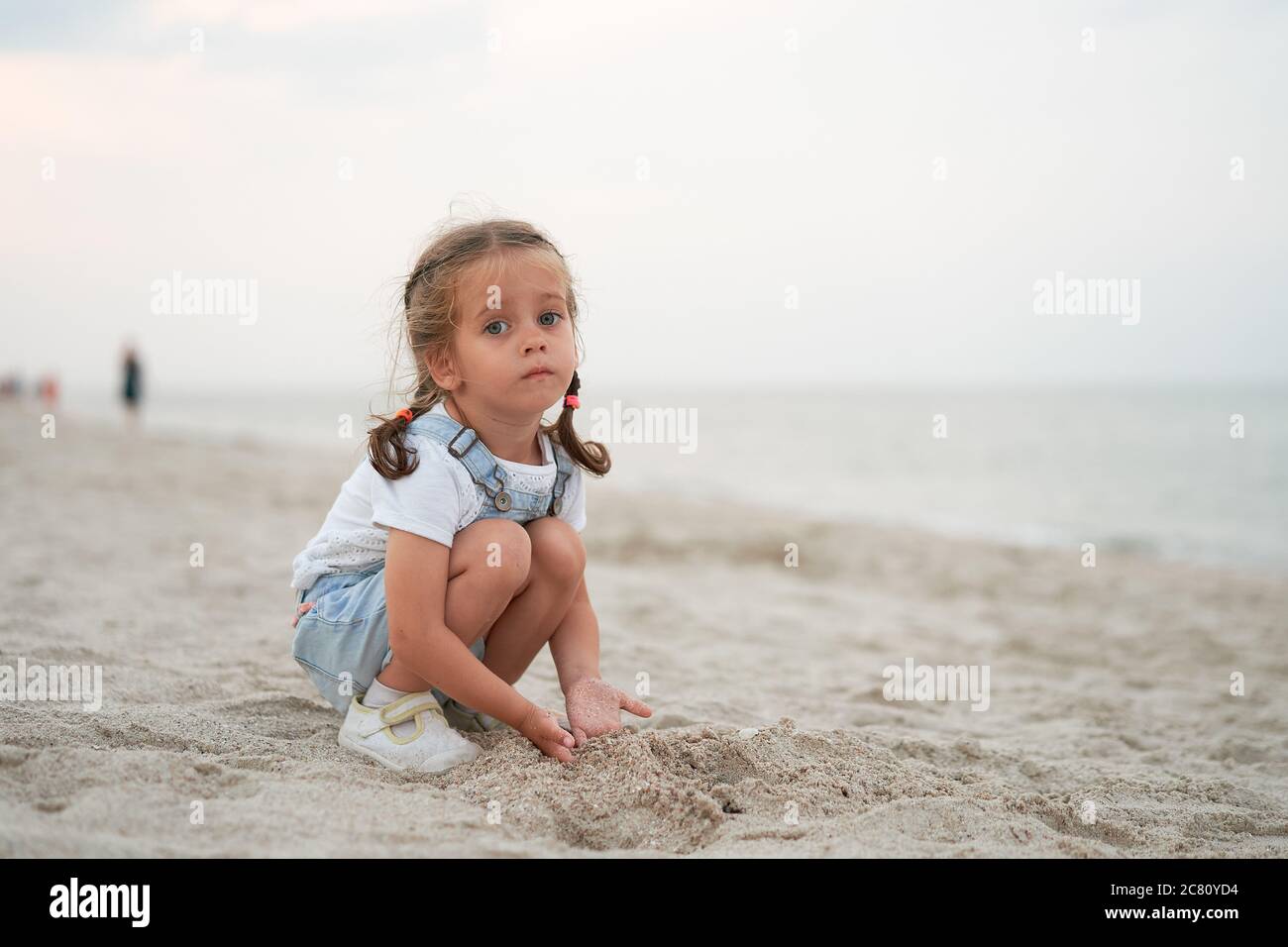 Child Playing Sand Beach Little Girl Play Sad Alone Summer Family ...