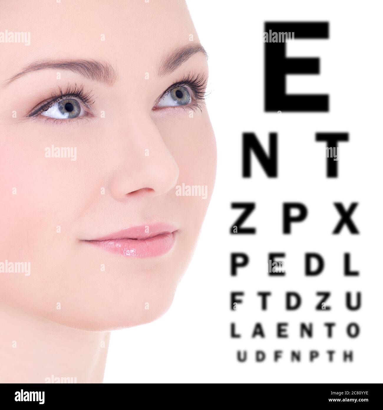 close up portrait of beautiful woman and eye test chart isolated on
